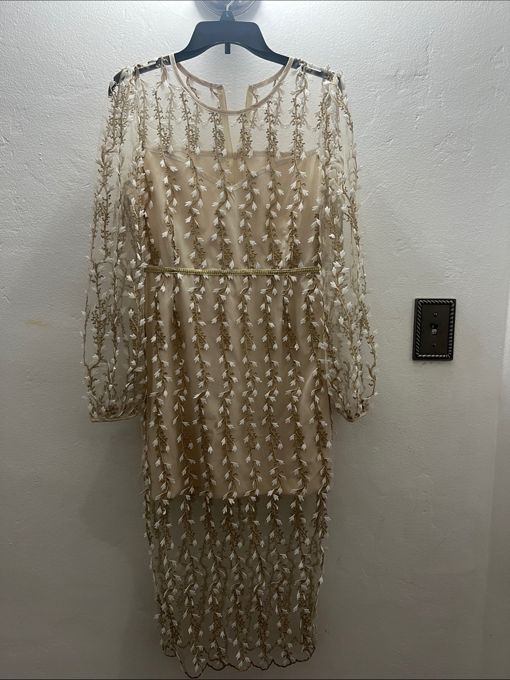 Beaded Overlay Midi Dress in Cream
